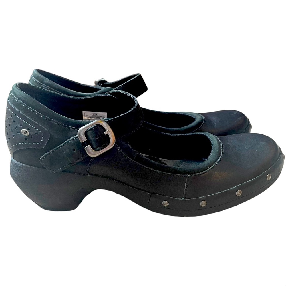 Merrell Black Mary Jane Clog Heels with Silver Buckle